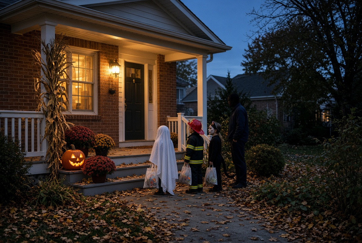 Children in costumes wait on a leaf-covered walkway at a brick porch with a lit jack-o-lantern and a parent nearby.